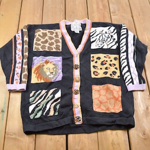 Vintage 1990s Multi Animal Print Cardigan Sweater / Vintage Cardigan / Button Up / Patchwork / Embroidered