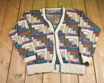 Vintage 1990s Shenandoah Knitted Cardigan / Vintage 90s Cardigan / Pattern Sweater / Outdoor / Hand Knit / Made In USA Cardigan