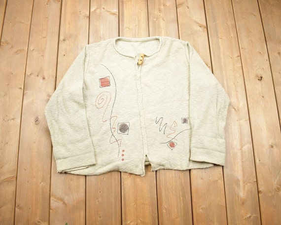 Vintage 1980s Abstract Design Toggle Button Cardigan Sweater / Vintage Cardigan / Button Up / Embroidered / Grandma Cardigan