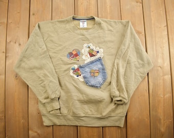 Vintage 1990s Jean Pocket Crewneck Sweatshirt / 90s Crewneck / Made In USA / Streetwear / Embroidered / Cute Sweater / Hearts