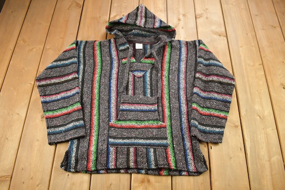 Vintage 1990s Artesania Hooded Pullover Striped K… - image 1