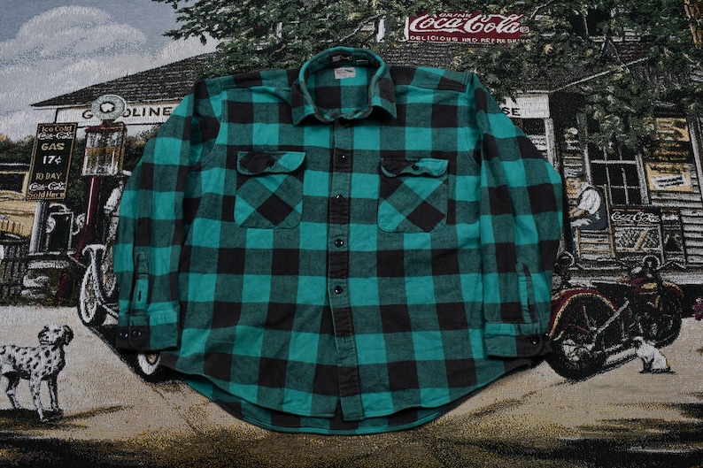 Vintage Pine Grove Button Up Shirt Plaid Pattern Print Outdoors /& Wilderness Fall Winter Casual Wear Workwear Streetwear