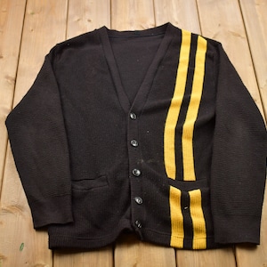 Vintage 1950s Vertical Yellow Racing Stripe Knitted Cardigan Sweater / Vintage Cardigan / Button Up / Abstract Pattern