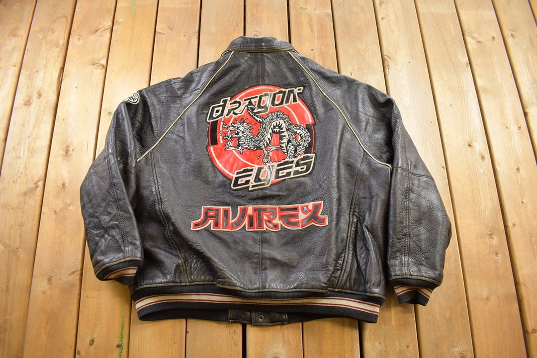 Vintage 1990s Avirex Dragon Eyes Leather Varsity Jacket Vintage 1990s Avirex Dragon Eyes Leather Varsity Jacket
