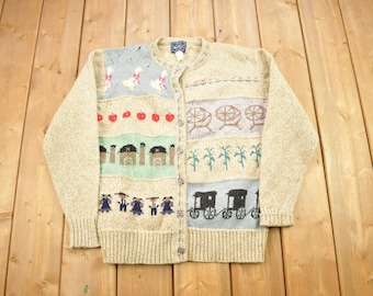 Vintage 1990s Woolrich Woman Knitted Wool Patchwork Cardigan Sweater / Vintage Cardigan / Button Up / Abstract Pattern