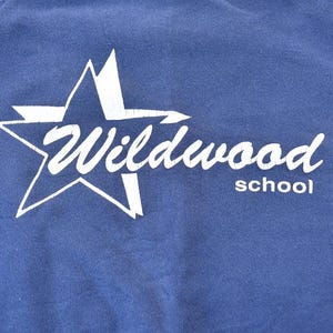 May include: A blue sweatshirt with a white star and the text "Wildwood School" printed on the front.