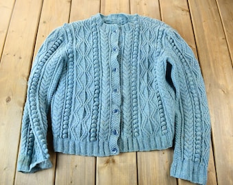 Klasyczny sweter kardigan z niebieskimi wstawkami z lat 90. / Kardigan w stylu vintage / Zapinany na guziki / Gruby splot