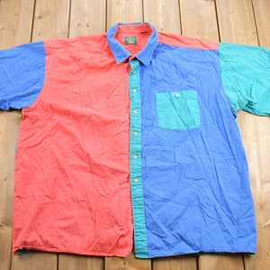 Vintage 1990s Shelter Island Colour Block Button Up Shirt / 90s Button Up / Vintage Button Up / Short Sleeve Shirt