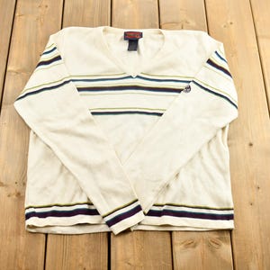 Vintage 1990s Women&#39;s White With Colorful Stripes Knit V-Neck Sweater / 90s V-Neck / Preppy Sweater / Size Women&#39;s XL