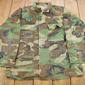 Vintage 1990s Military Camouflage Button Up Shirt/ USMC / US Army Green / Militaria / Patchwork / U.S. Army Top / Authentic Military Gear