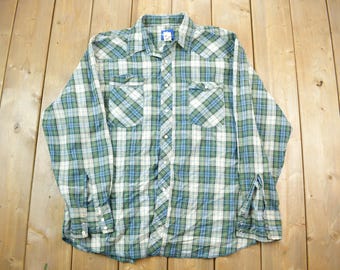 Vintage Wrangler Plaid Button Up Shirt / Loop Button / Outdoor / Casual Wear / Green Flannel