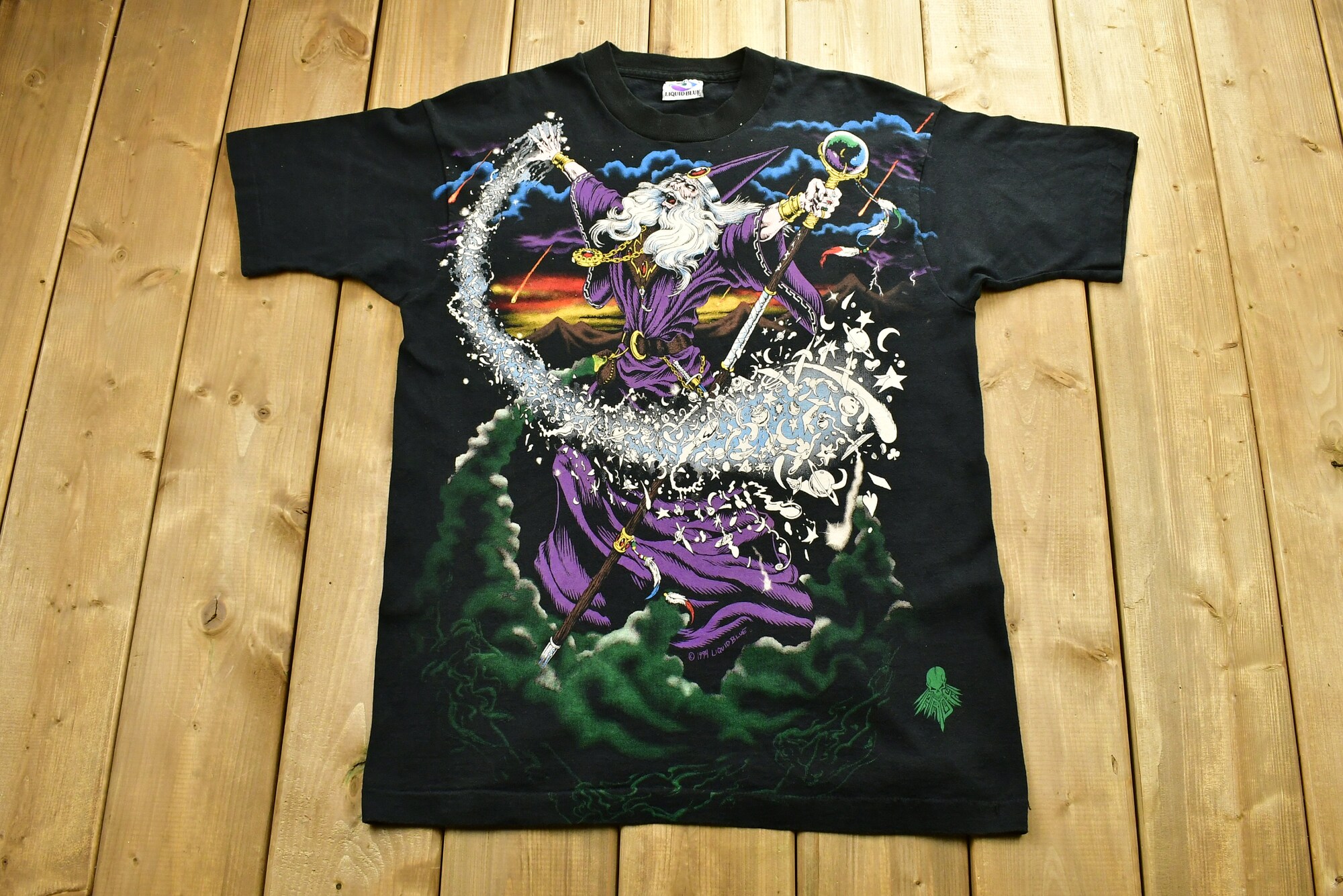 Vintage 1994 Liquid Blue All Over Wizard Graphic Print T-Shirt