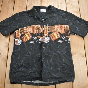 Camicia con bottoni e stampa completa a tema sigaro vintage anni &#39;90 / Made in Hawaii / Pacific Legend / Camicia sigaro vintage