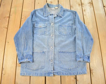 Vintage 1990s Editions Denim Chore Shirt Jacket Women's Large / 90s Button Up / Vintage Denim Barn Coat / Chore Coat / Workwear / Sun Faded