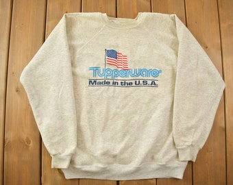 Vintage 1990s Tupperware USA Flag Crewneck Sweatshirt / 90s Crewneck / Made In USA / Streetwear / Graphic / Hanes Activewear
