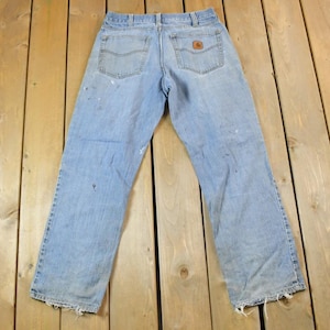 Vintage 1990s Carhartt Denim Distressed Jeans Size 32 x 32 / 90s Carpenter Pants / Made In USA / Distressed Carhartt / Vintage Workwear