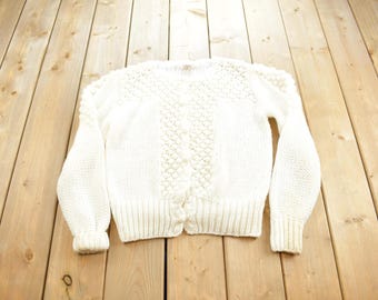 Vintage 1990s JS Fashion Wool Knit White Cardigan Sweater