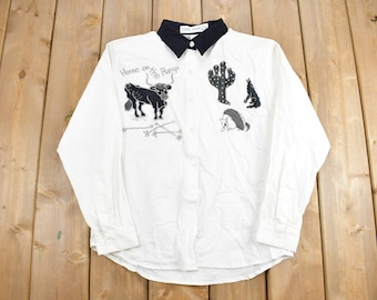 Vintage 1990s Jane Ashley Home On The Range Western Style Button Up Shirt / Western Wear / Rodeo Shirt / Cowboy Shirt / Embroidered
