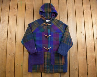 Vintage 1980s United Colors of Benetton Plaid Wool Long Trench Coat / Vintage Woolrich / Made In USA / Streetwear / Wool Trench Coat