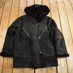 Vintage 1990s Black Suede Shearling Coat / Leather Shearling / Fur Lined / Heavy Weight / Hooded