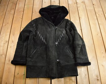 Vintage 1990s Black Suede Shearling Coat / Leather Shearling / Fur Lined / Heavy Weight / Hooded
