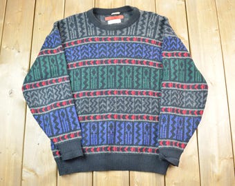 Suéter de cuello redondo de punto con estampado abstracto de San Miguel, años 80 / Cuello redondo de los 80 / Hecho en EE. UU. / Tejido de punto preppy / Tejido de los 80 / Tejido de cuello redondo de los 80