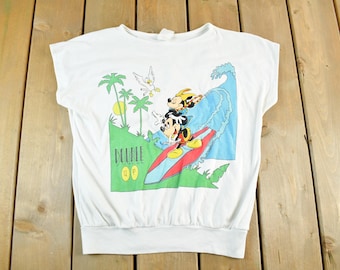 Sudadera sin mangas estilo años 80 con estampado de Mickey Mouse surfeando, talla M para mujer / Suéter de dibujos animados de Disney de los 80 / Ropa de playa