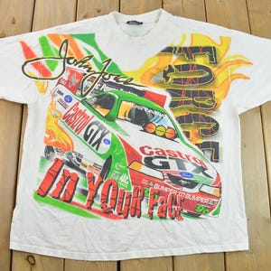 Vintage 2000 John Force Racing All Over Print Graphic T-Shirt / In Your Face / Racing Tee  / Streetwear / Sportswear / Winston Drag Racing