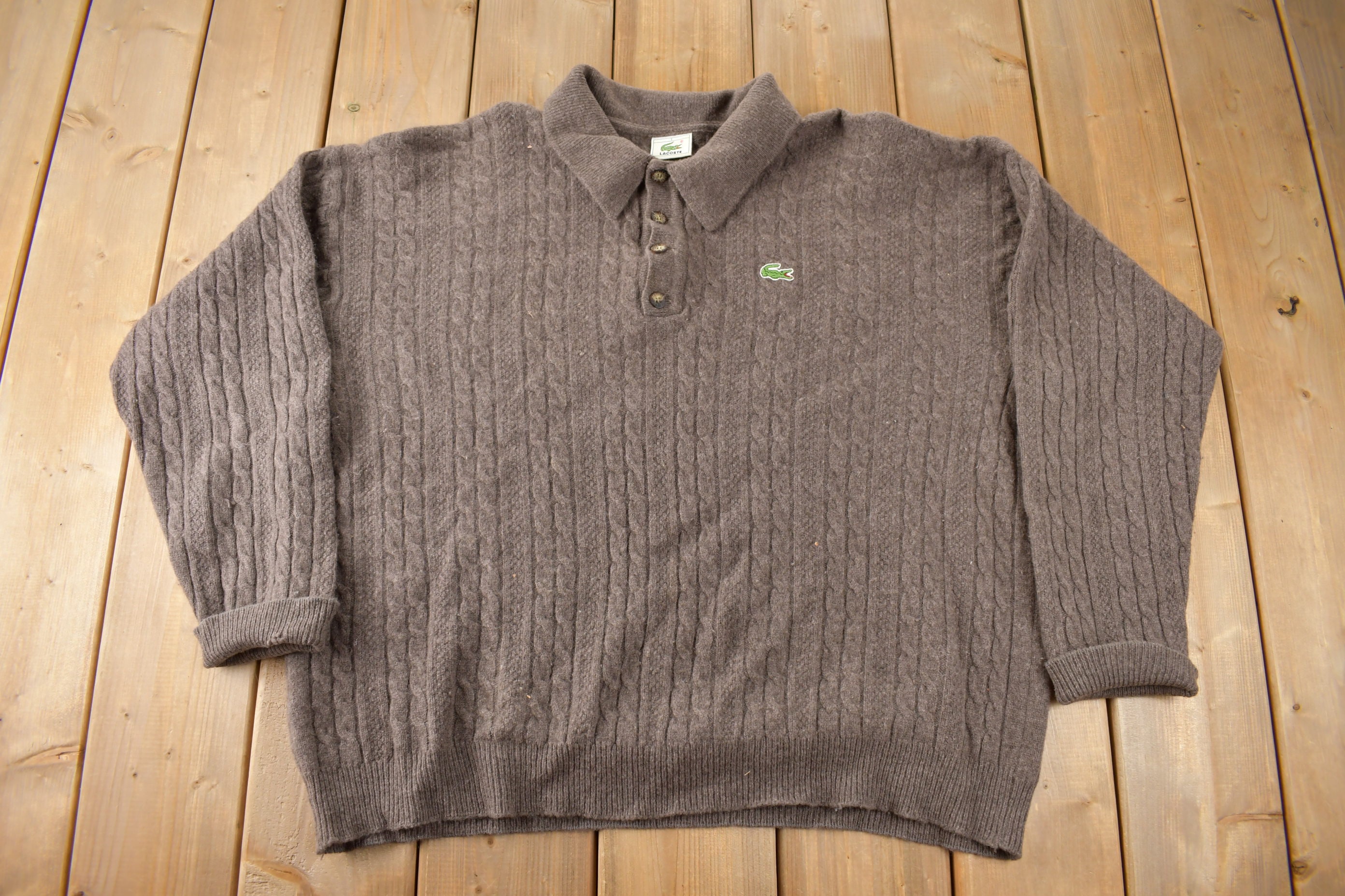 Vintage 1990s Lacoste Cable Knit Quarter Button Collared Sweater 