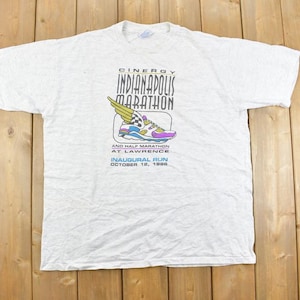 Vintage 1996 Indianapolis Marathon Graphic T Shirt Made In USA / Inaugural Run / Vintage Running / Flying Shoe