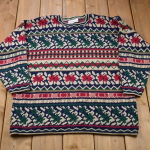 Vintage 1990s Private Eyes Made In USA Knitted Sweater / Vintage 90s Crewneck / Pattern Sweater / Outdoor / Hand Knit / Pullover Sweatshirt