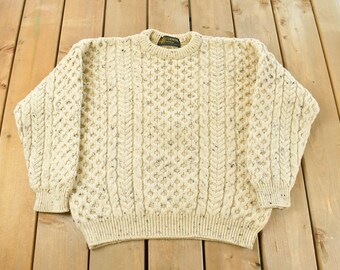 Vintage 1990s Country Knitwear Wool 3D Cable Knit Sweater Men's Large / Chunky Knit / Vintage Turtleneck / Heavy Weight