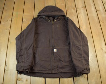 Vintage 2000s Carhartt Hooded Sherpa Lined Jacket Women's 2XL / Distressed  / Y2K Coat / Brown Workwear Coat
