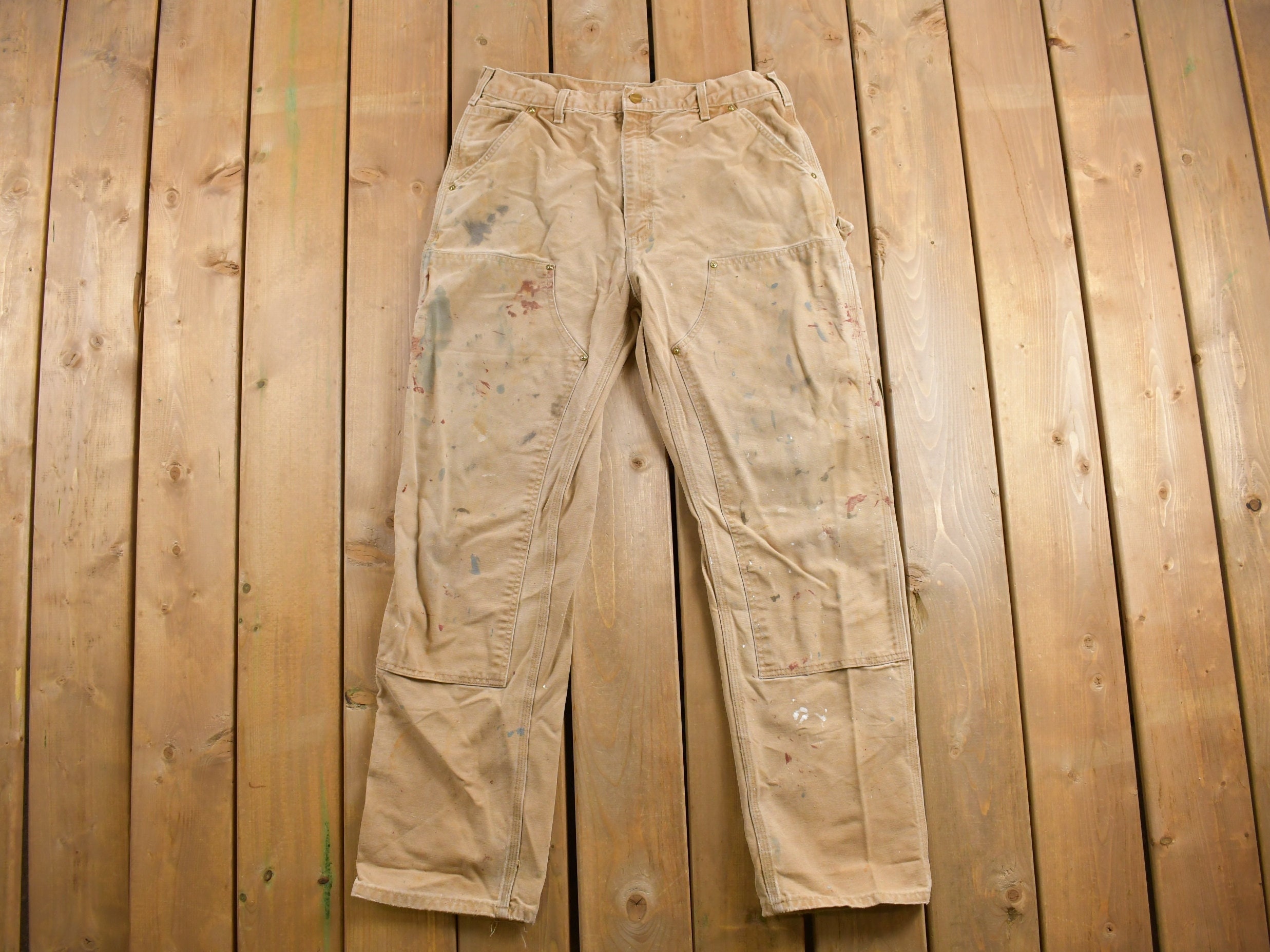 Vintage 1990s Carhartt Beige Double Knee Work Pants Size 33 X