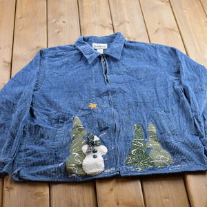 Vintage 1990er Jahre North Crest Ferien-Thema Cordjacke mit durchgehendem Reißverschluss / Cordjacke / Weihnachtsmotiv / Streetwear / Cordhemd / Winter