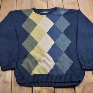 Vintage 1990s Croft & Barrow Knitted Argyle Crewneck Sweater / Vintage 90s Crewneck / All Over Pattern / Sweatshirt / Abstract Pattern