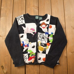 Vintage 1990s Ashton&#39;s Halloween Themed Button Up Crewneck Sweatshirt / 90s Crewneck / Button Up / Streetwear / Embroidered / Halloween