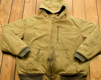 Vintage 90's Carhartt Quick Duck Hooded  Jacket / Workwear / Streetwear / Quilt Lined Jacket / Distressed Carhartt / Hunting Jacket