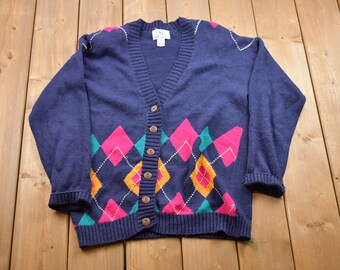Vintage 1990s Geometric Knitted Cardigan / Vintage 90s Cardigan / Pattern Sweater / Outdoor / Hand Knit / Pullover Sweatshirt