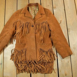 Vintage 1970s Aztec Pioneer Fringe Leather Western Jacket Made In USA