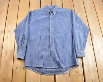 Vintage 1990s Chaps Ralph Lauren Small Pony Button Up Shirt / 1990s Button Up / Vintage Ralph Lauren / Hickory Stripe Denim