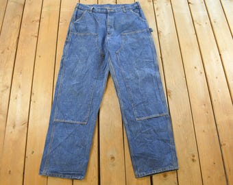 Vaqueros Carhartt de doble rodilla vintage de los años 2000 para hombre, talla 38 x 34, pantalones de carpintero Y2K, ropa de trabajo, overoles, desgastados y descoloridos por el sol.