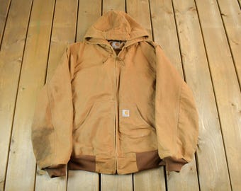 Vintage 1990s Carhartt Hooded Jacket Men's Medium / Distressed Sun Faded / Made In USA / Beige Tan Workwear Coat