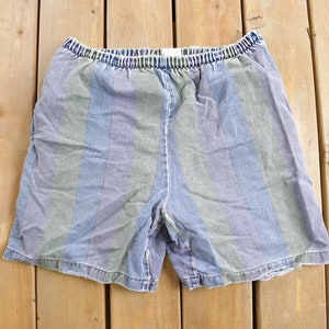 Vintage 1990s Cotton Striped Jean Shorts Size Medium / 90s Streetwear / Vintage Denim Shorts / Color Block / Virginia Mills/ Jorts