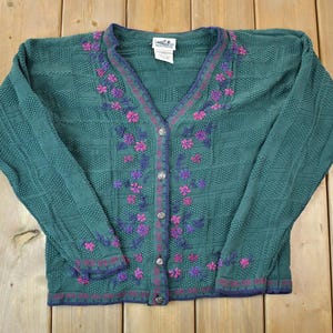 Vintage 1990s Northern Reflections Knit Cardigan Floral Design Button Up Sweater