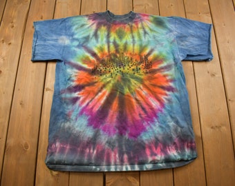 Vintage 1990s Abstract Flower Tie Dye Graphic T Shirt / Vintage T Shirt / Streetwear / Graphic Tee / All Over Print / Tie Dye Tee