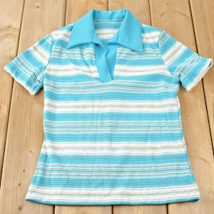 Vintage 1970s Blue Striped Polo Shirt /  Made In USA / 70s Polo / True Vintage