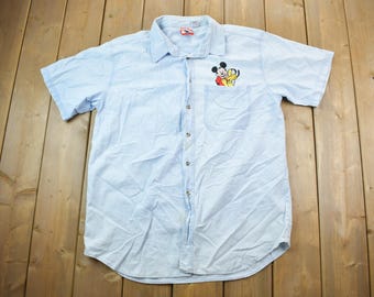 Vintage 1990s Mickey Mouse Disney Button Up / Vintage Jean Shirt / Vintage Disney / Mickey / Embroidered / Pluto And Mickey