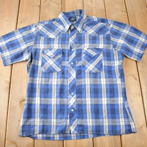 Vintage 1990s Wrangler Western Shirts Pearl Snap Short Sleeve Plaid Button Up Shirt Size L