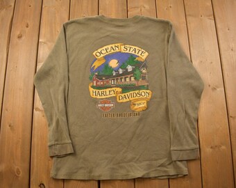 Vintage 1990s Ocean State Harley Davidson Waffle Long Sleeve Sweatshirt / 90s Crewneck / Streetwear / Biker / Vintage Harley